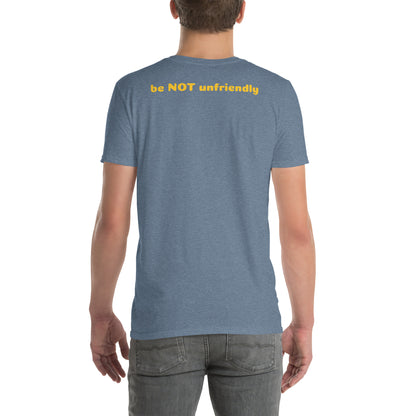 Person wearing a blue t-shirt with yellow text on the back, standing against a white background