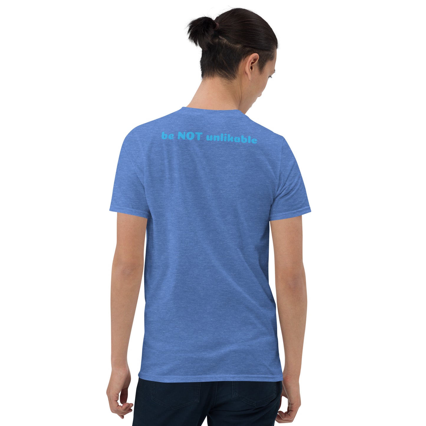 Person wearing a blue t-shirt on a white background
