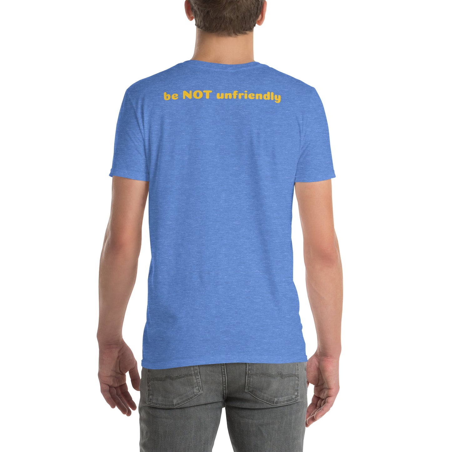 Person wearing a blue t-shirt on a white background