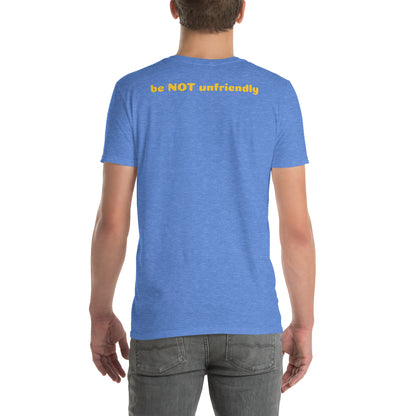 Person wearing a blue t-shirt on a white background