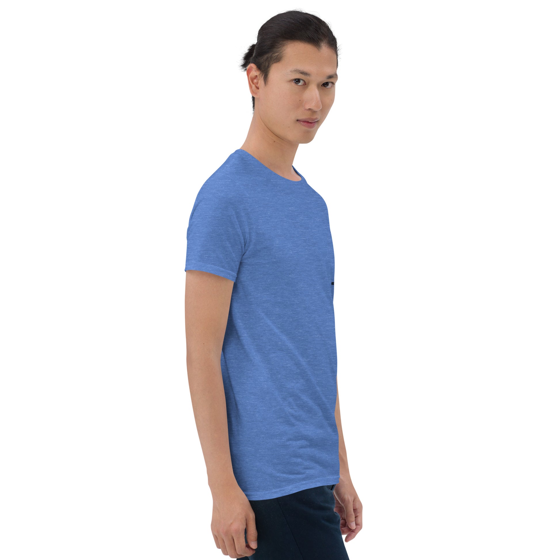 Person wearing a blue t-shirt with a logo on a white background