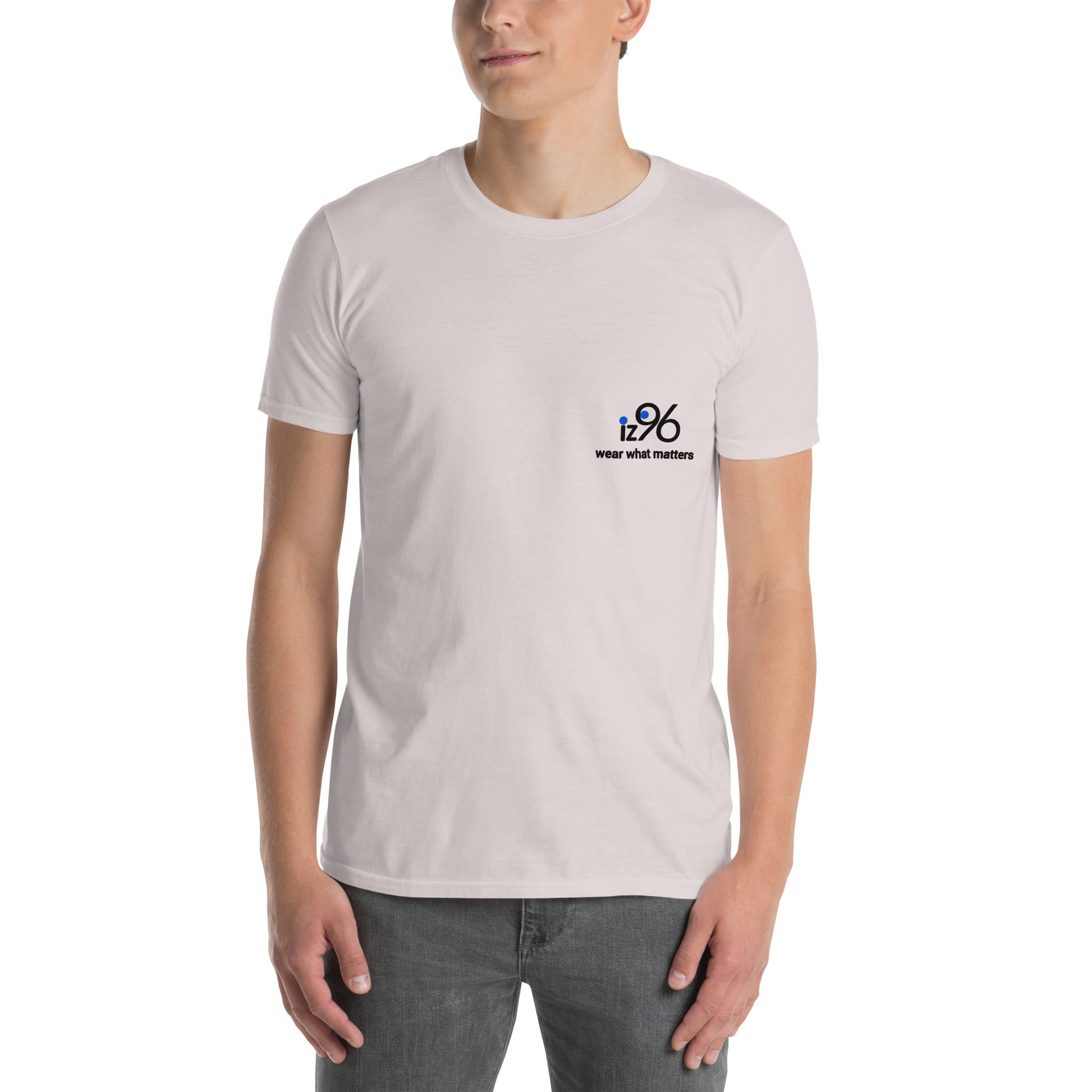 Person wearing a ice gray t-shirt with a logo on the chest against a white background