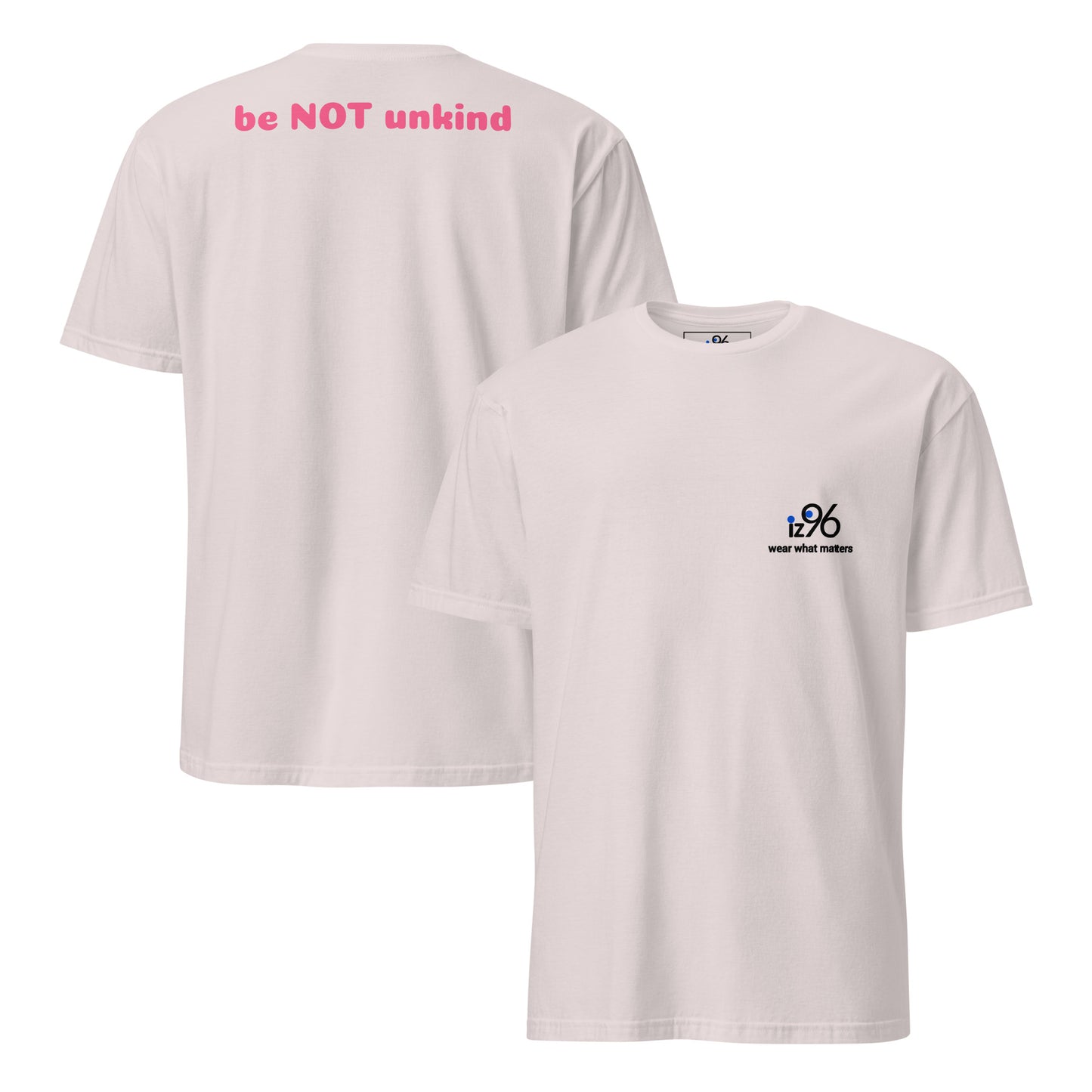 Ice gray t-shirt with 'be NOT unkind' text on the back and a logo on the front, on a white background.