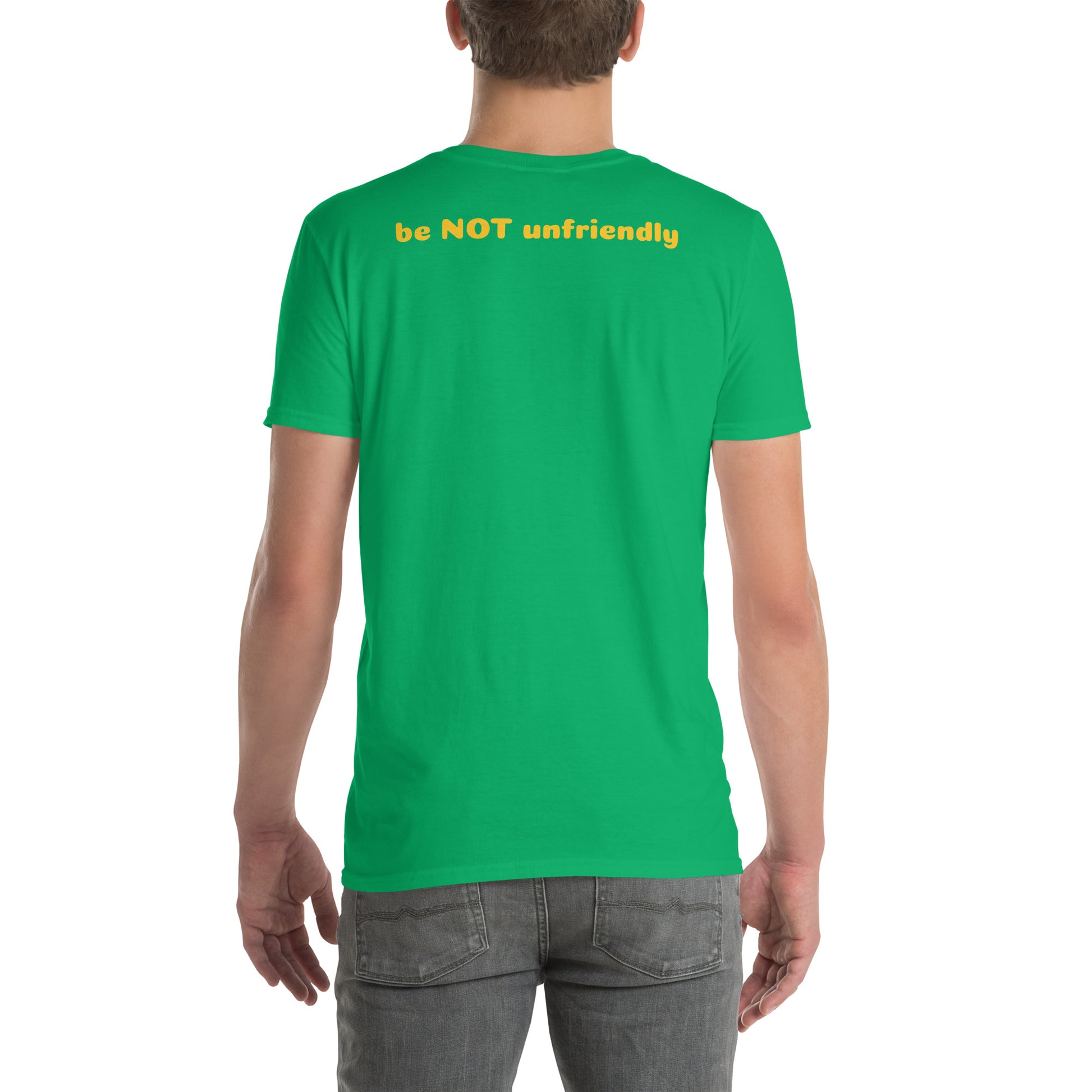 Irish green t-shirt with yellow text on the back worn by a person, on a white background