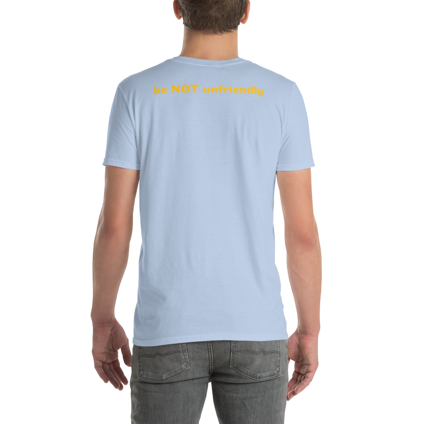 Person wearing a light blue t-shirt on a white background