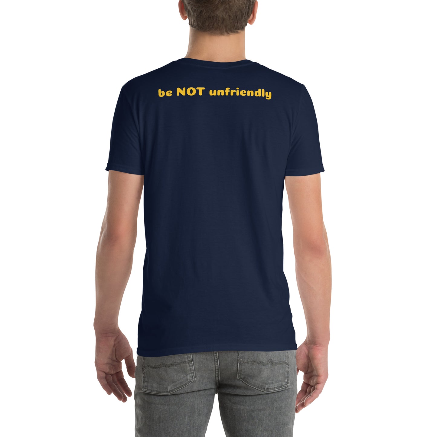 Person wearing a navy blue t-shirt on a white background