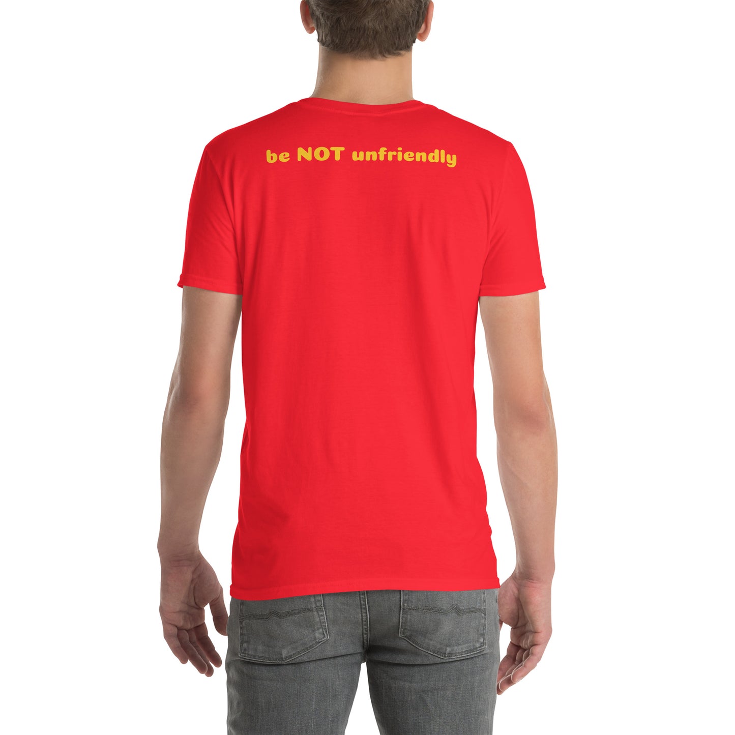 Person wearing a red t-shirt on a white background