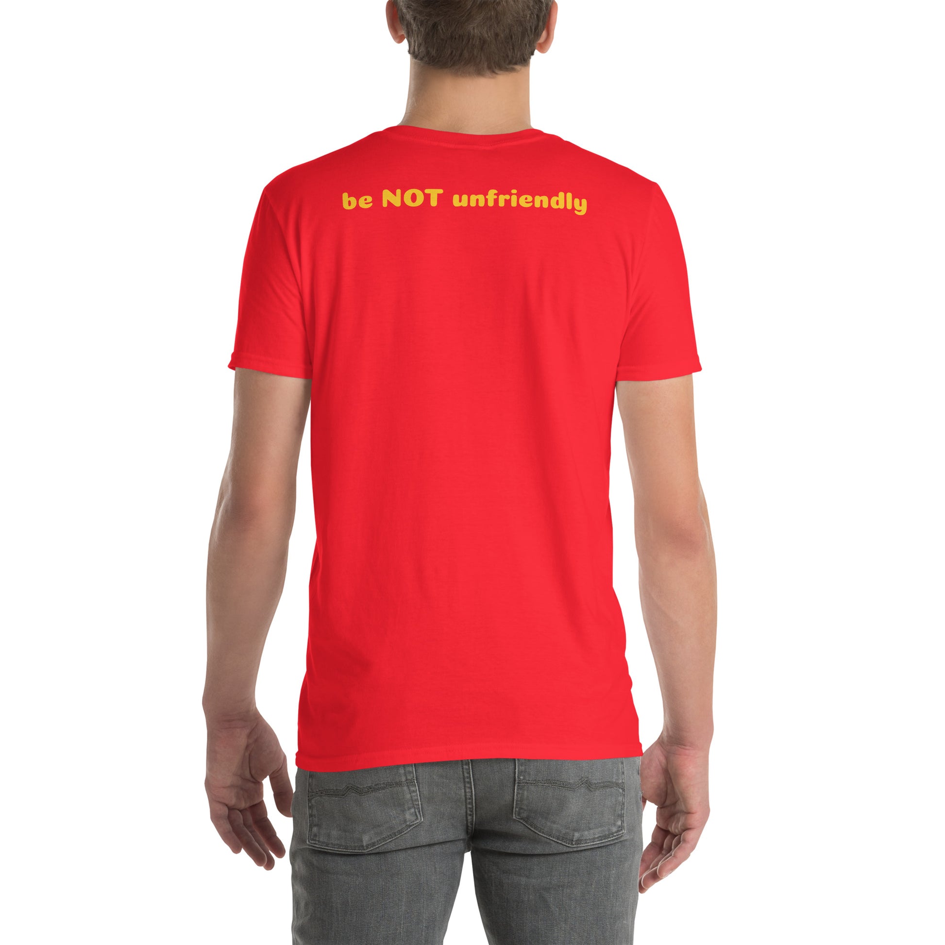 Person wearing a red t-shirt on a white background