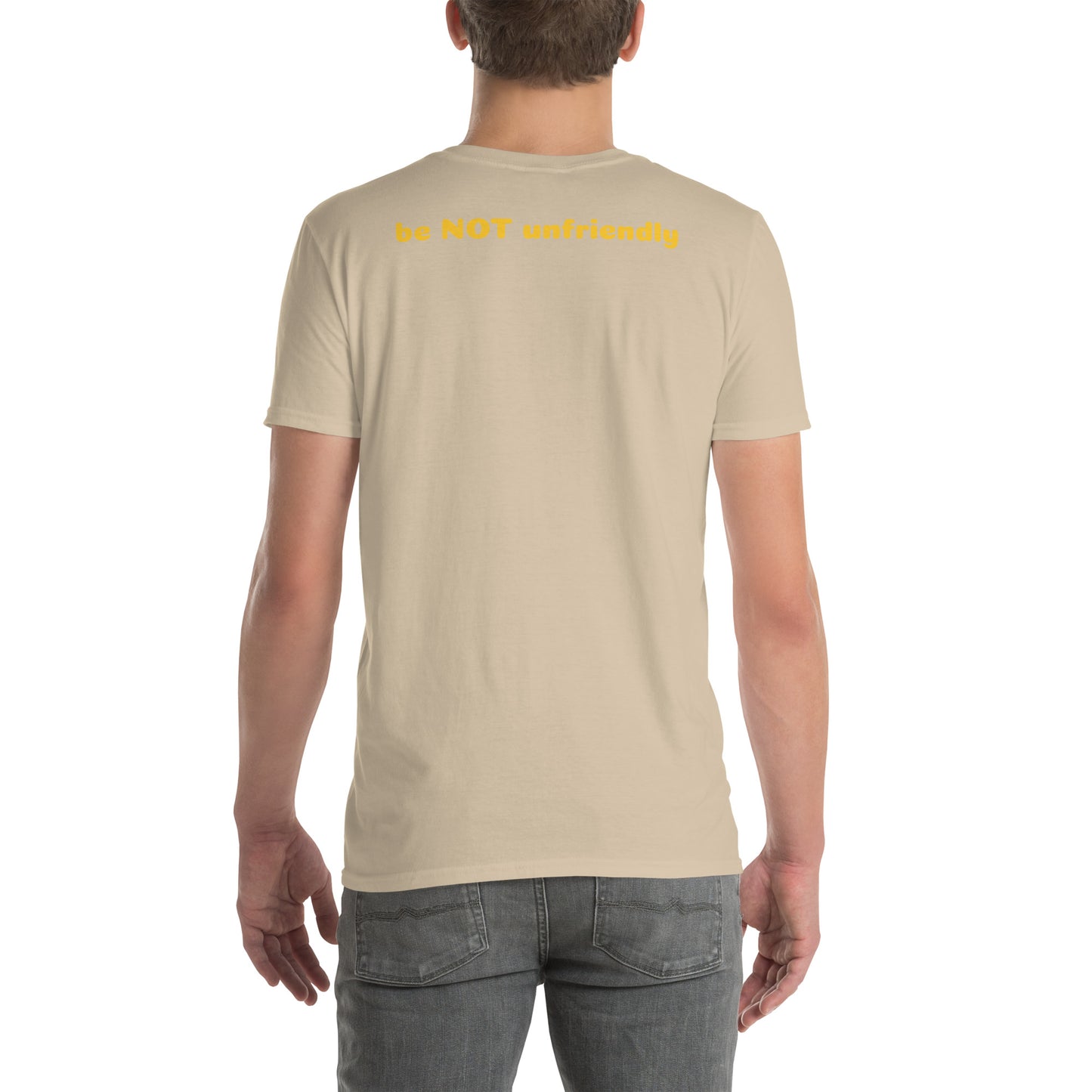 Man wearing a sand t-shirt on a white background