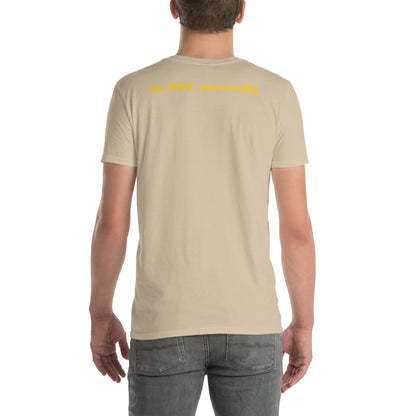 Man wearing a sand t-shirt on a white background