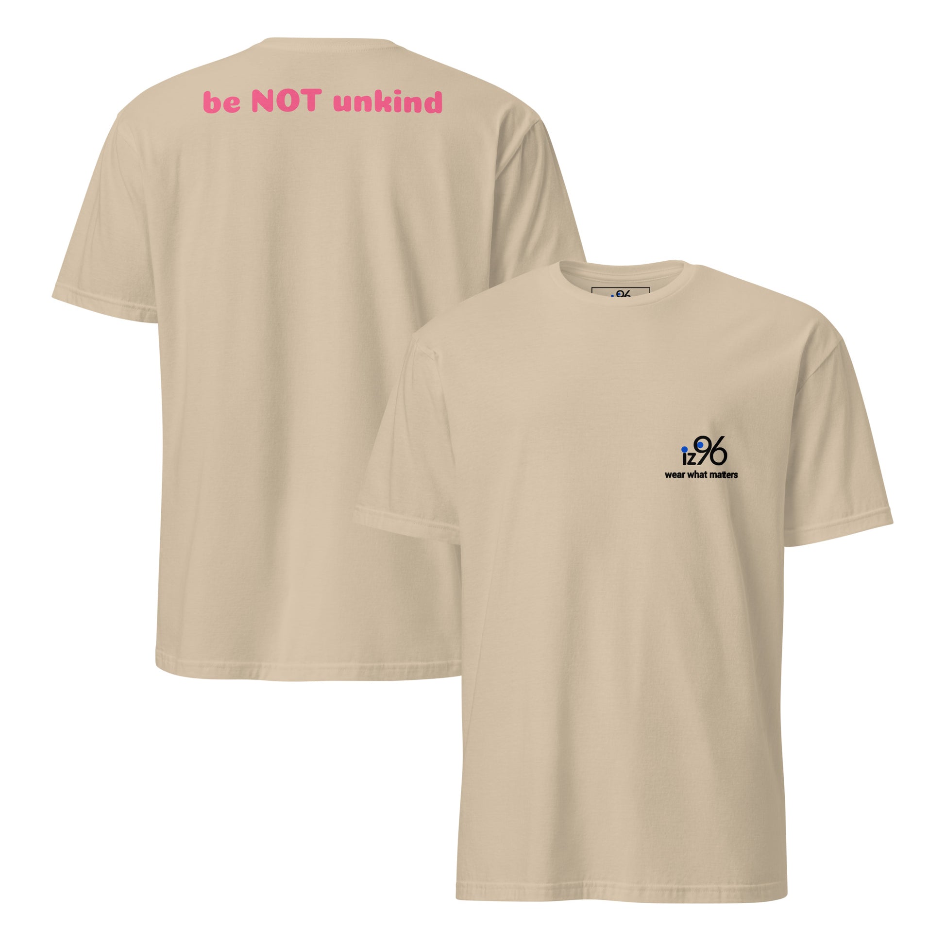 sand t-shirt with a small graphic on the chest, shown from front and back views.