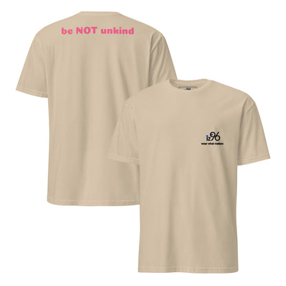 sand t-shirt with a small graphic on the chest, shown from front and back views.