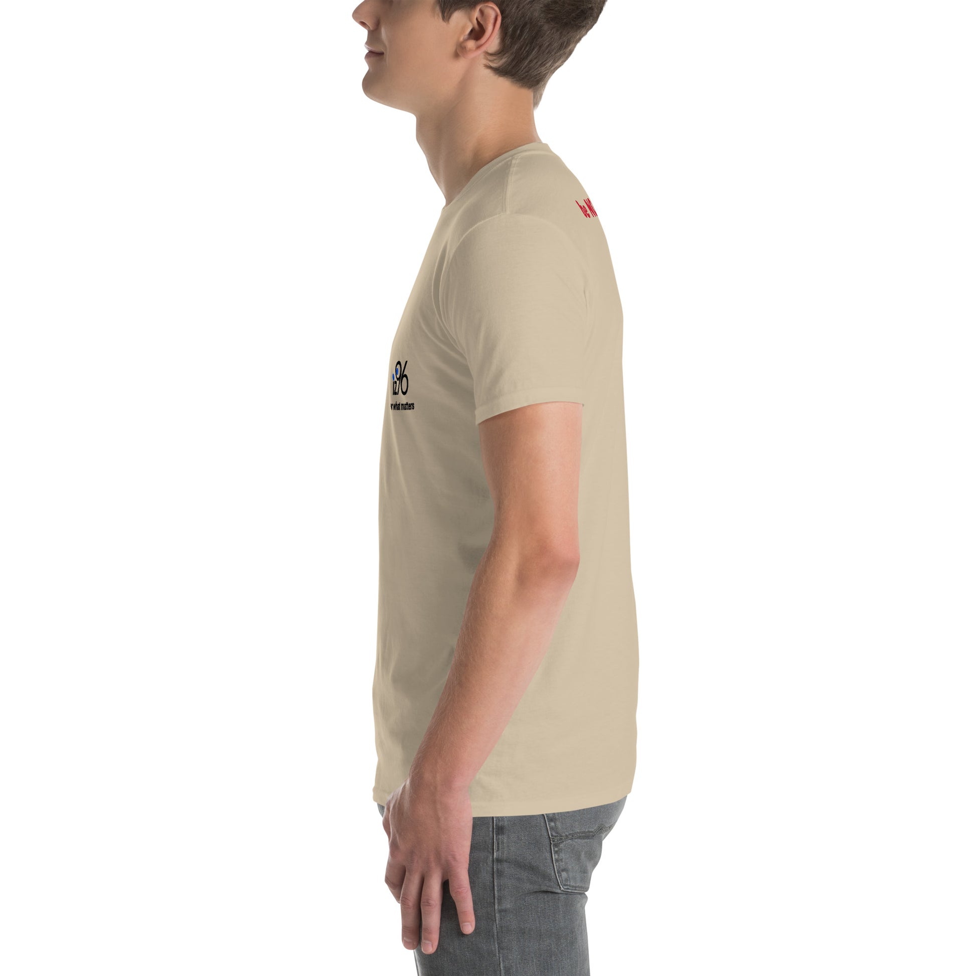 Person wearing a beige t-shirt with a logo on a white background