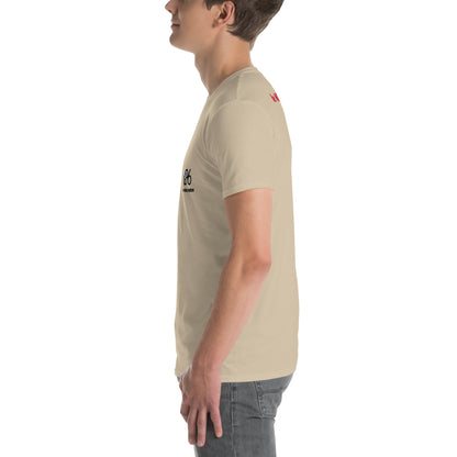 Person wearing a beige t-shirt with a logo on a white background