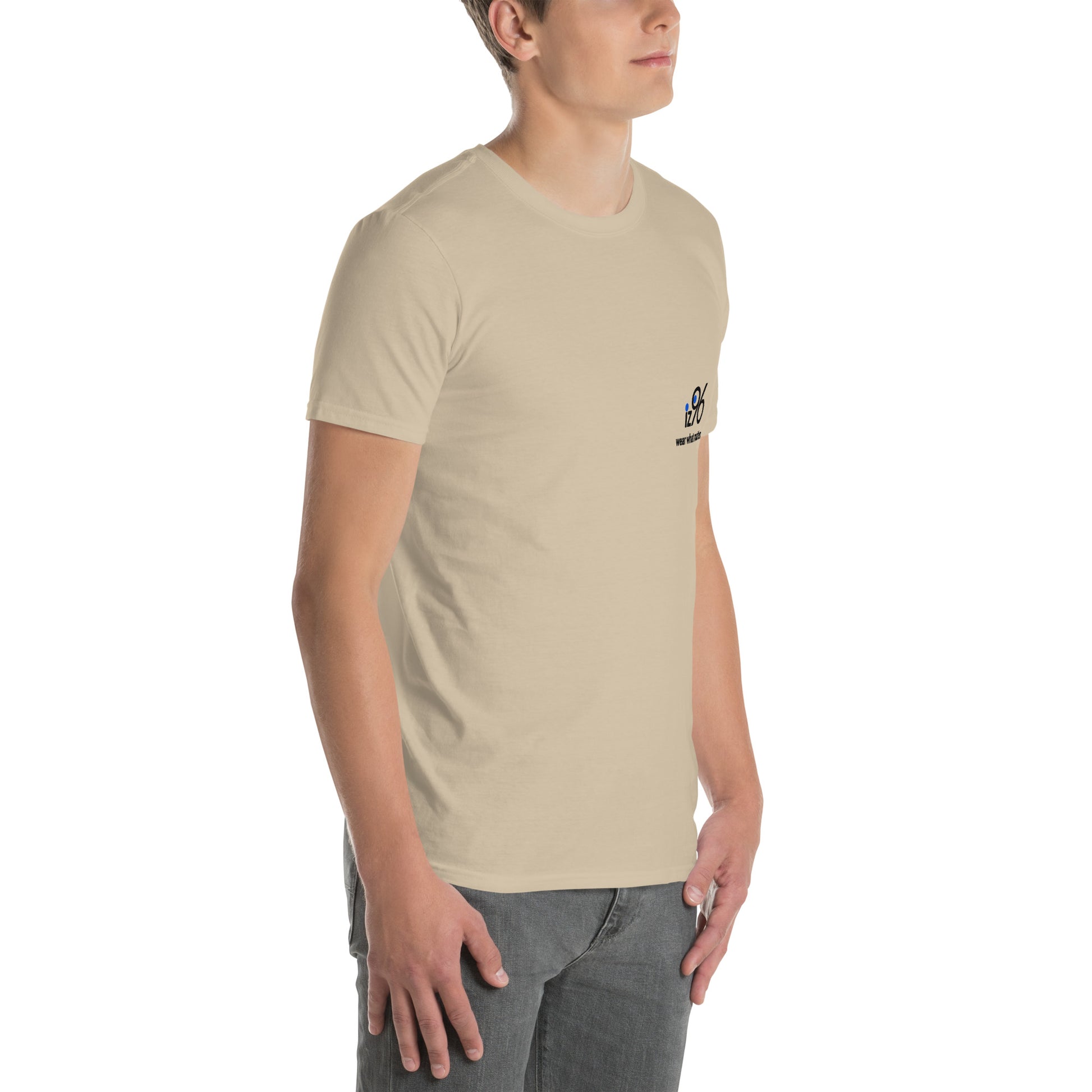 Person wearing a beige t-shirt with a logo on a white background
