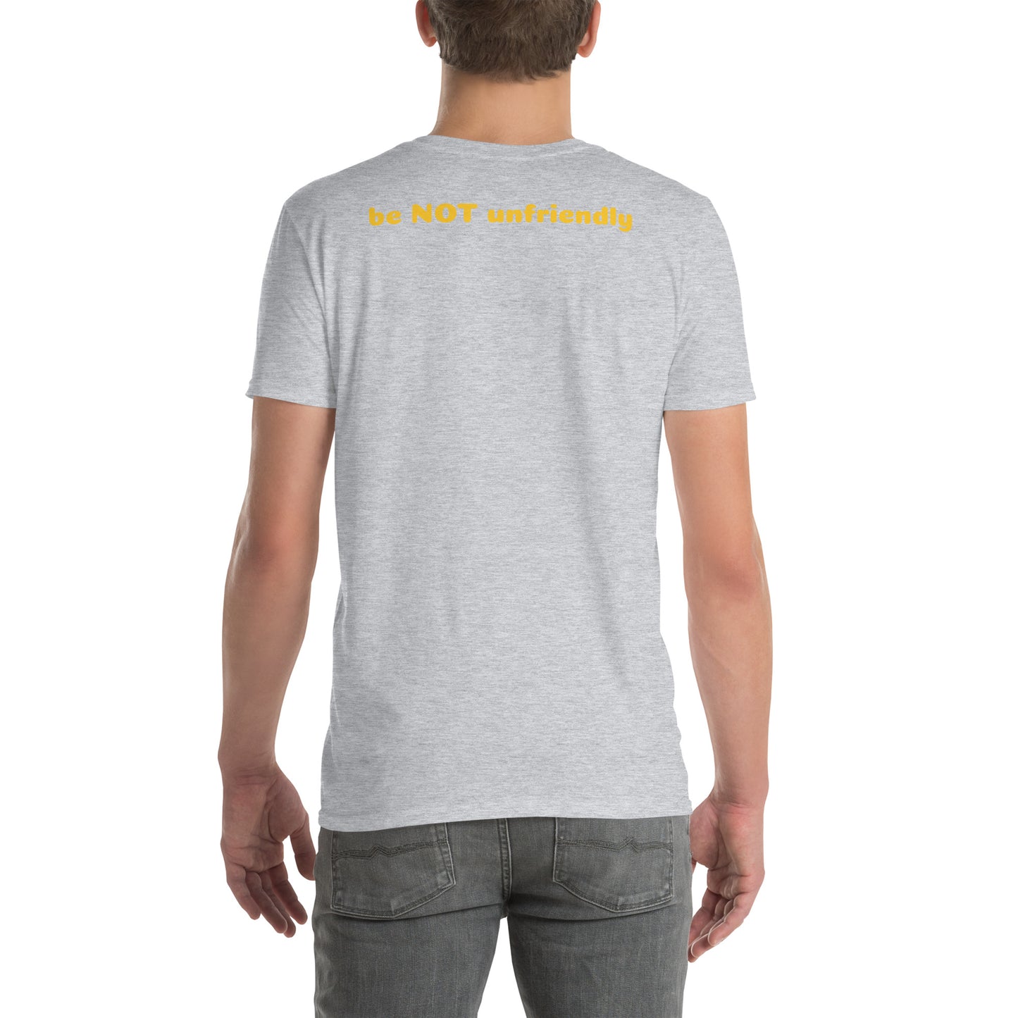 Person wearing a gray t-shirt on a white background