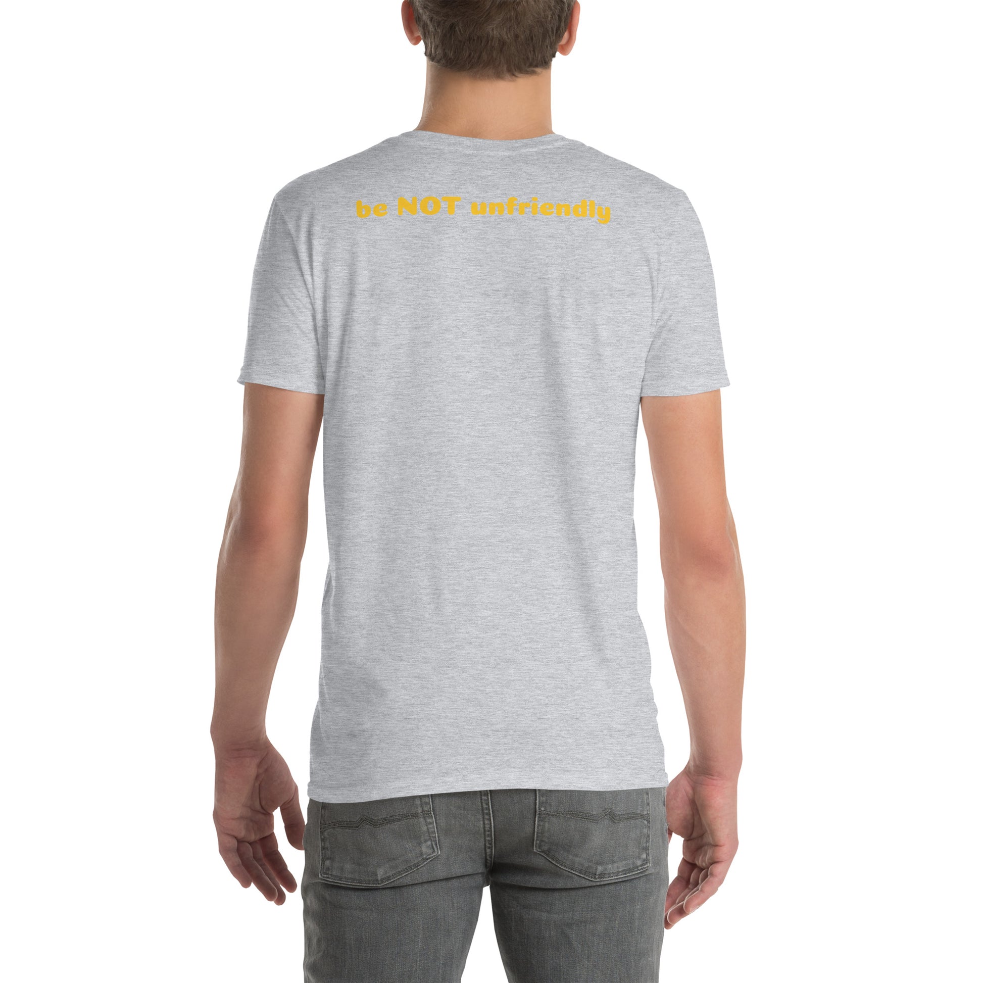 Person wearing a gray t-shirt on a white background