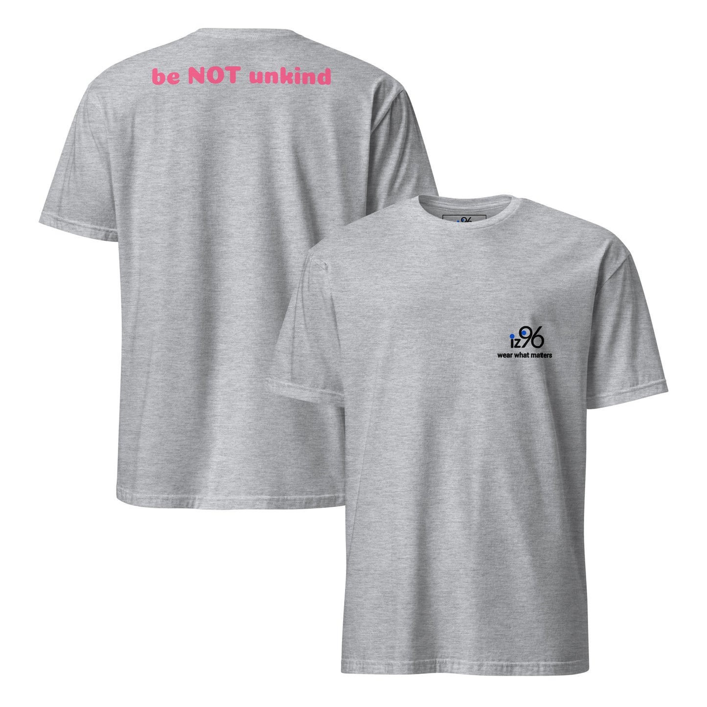 Gray t-shirt with a logo on the front, shown from two angles.