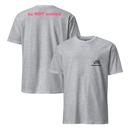 Gray t-shirt with a logo on the front, shown from two angles.