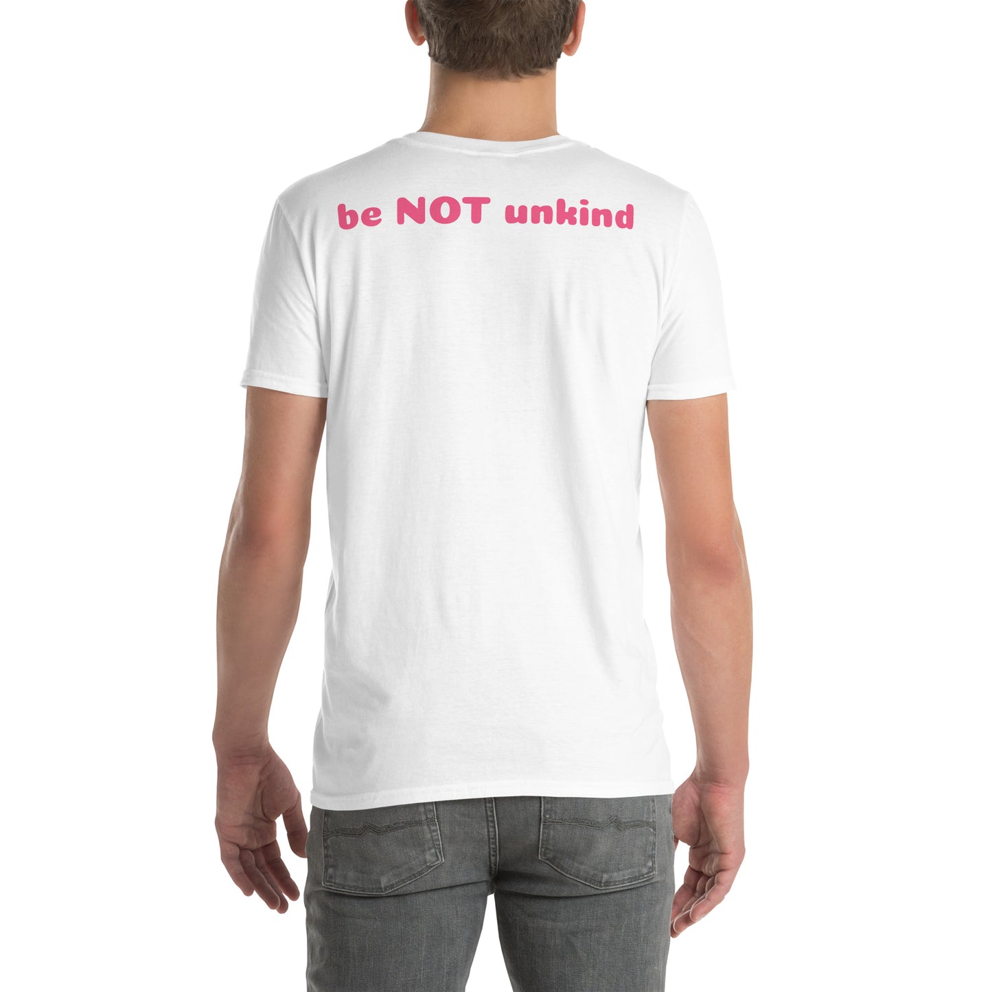 Person wearing a white t-shirt with text on the back, standing against a white background