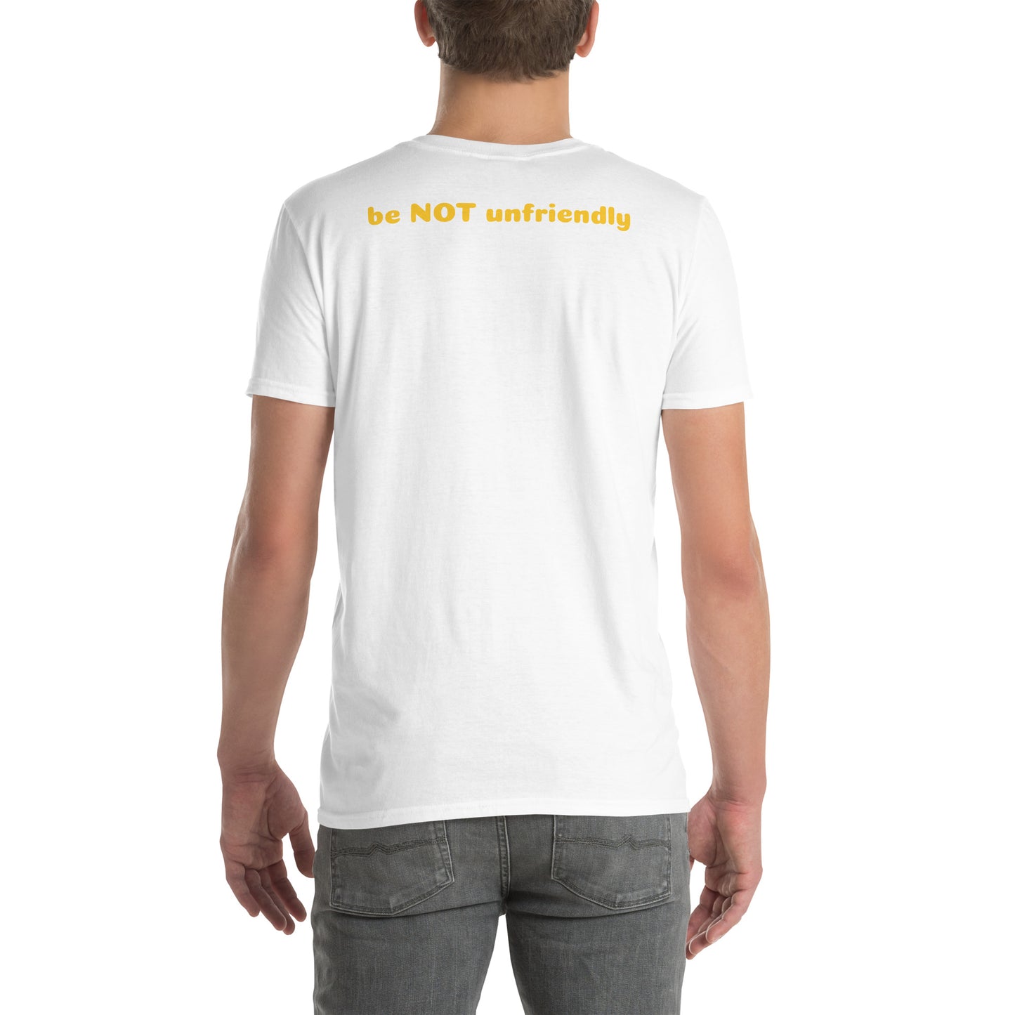 Person wearing a plain white t-shirt on a white background