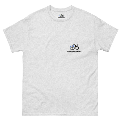Gray t-shirt with 'iz96 wear what matters' logo and text on a white background