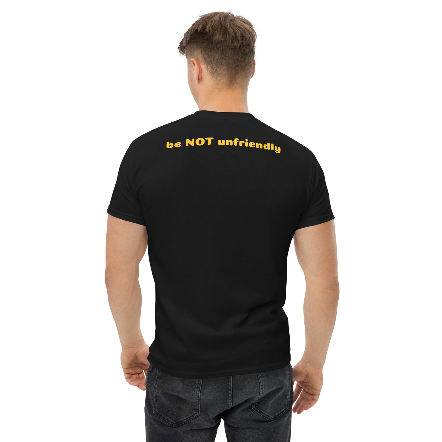 Man wearing a black t-shirt with text on the back, on a white background