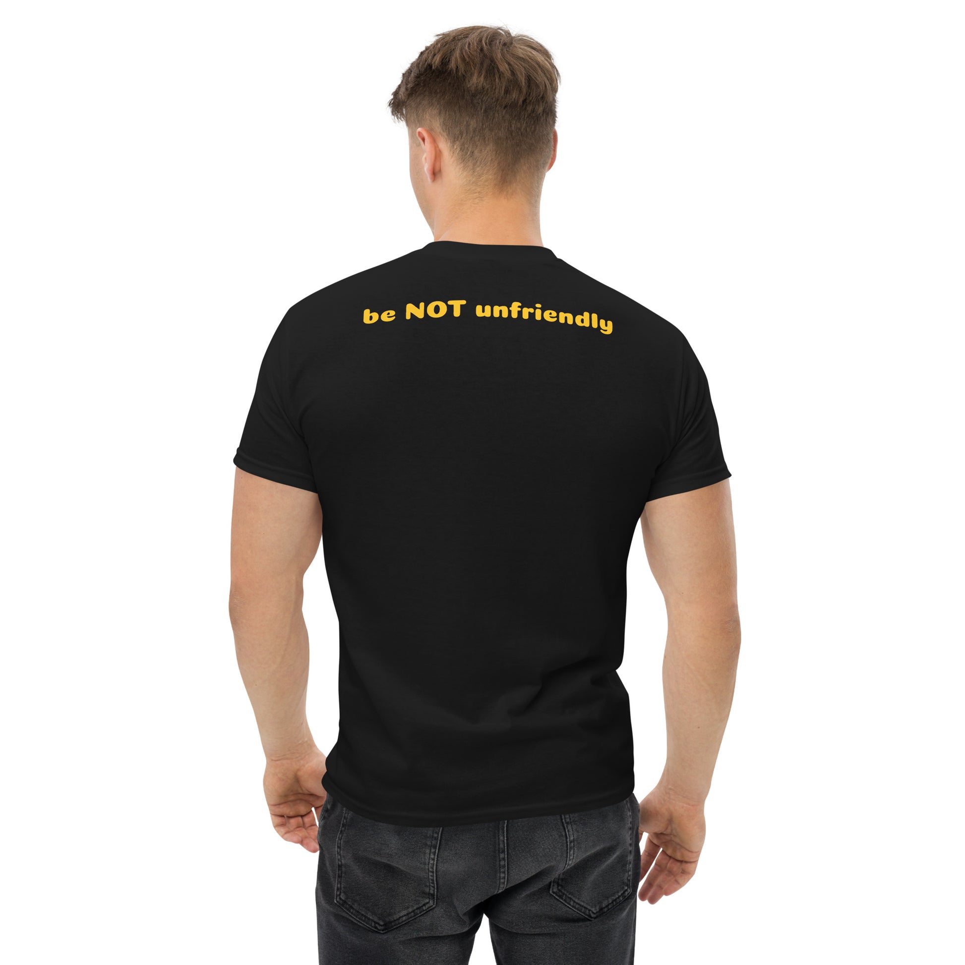 Man wearing a black t-shirt with text on the back, on a white background