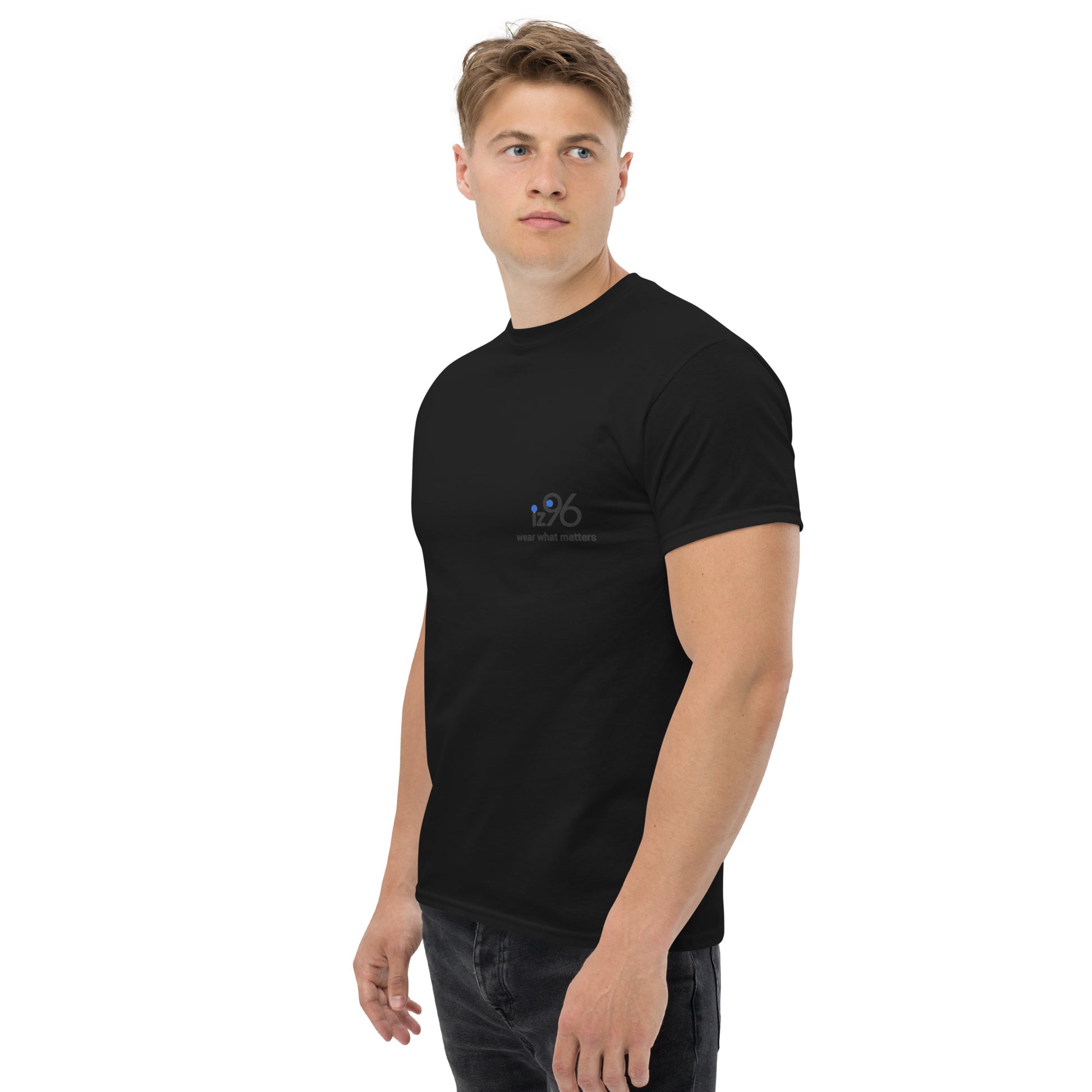 Man wearing a black t-shirt on a white background