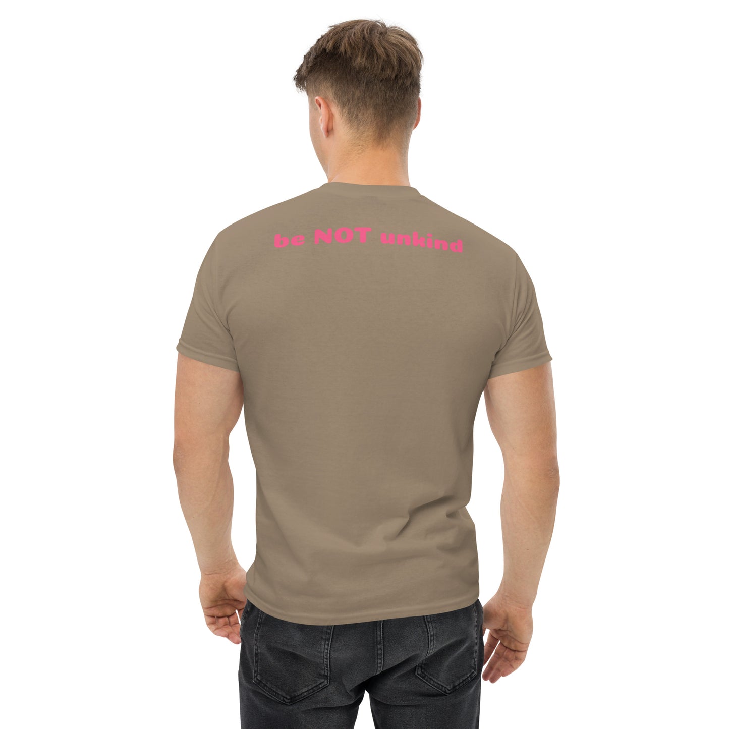 Man wearing a light brown t-shirt on a white background