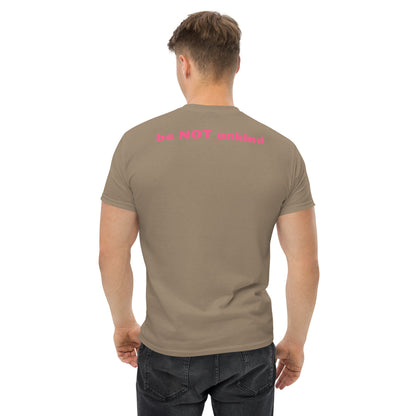 Man wearing a light brown t-shirt on a white background
