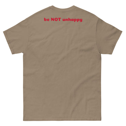 brown savana t-shirt with 'be NOT unhappy' text on the back against a white background
