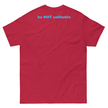 Red t-shirt with 'be NOT unlikable' text on the back against a white background