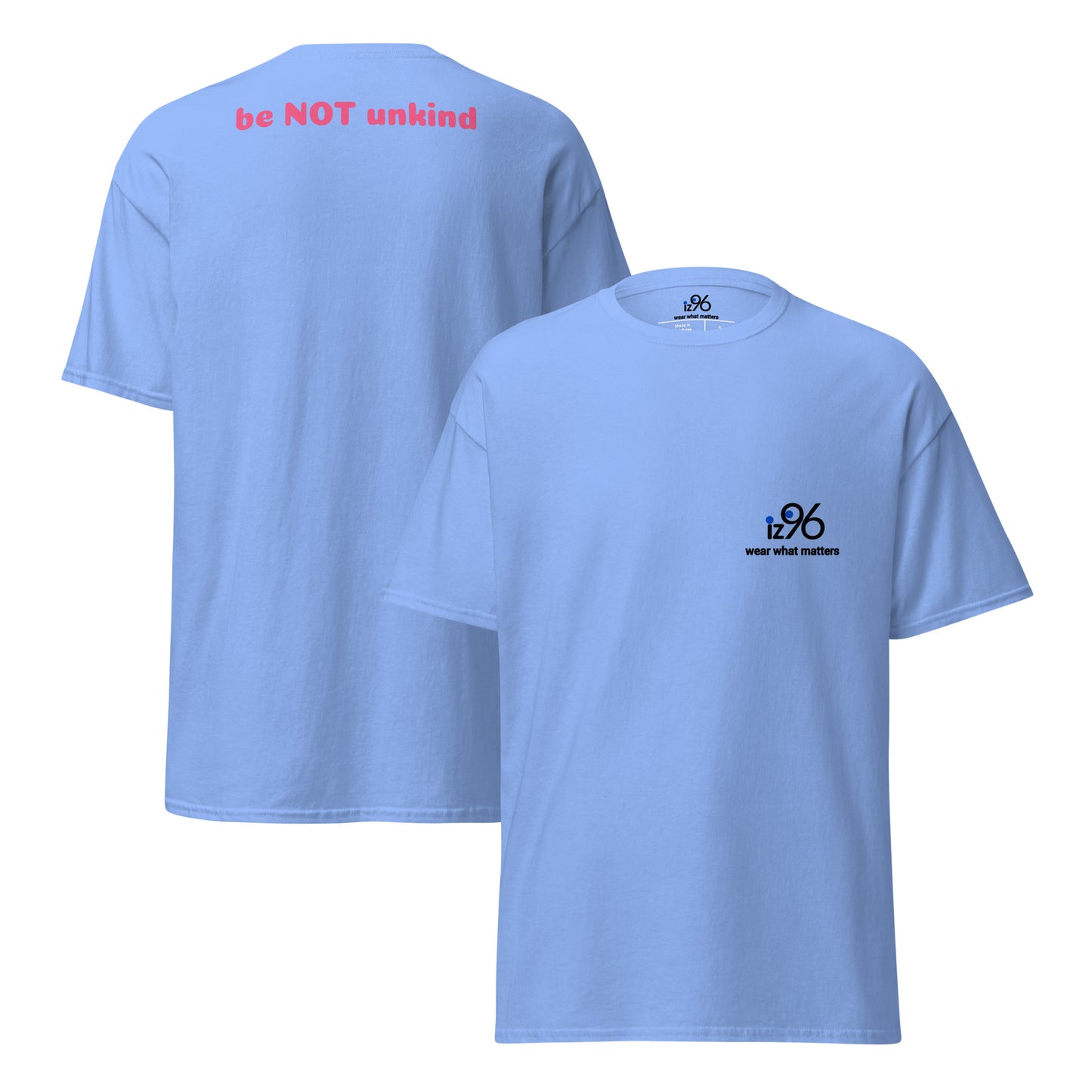Light blue t-shirt with text and logo on a white background