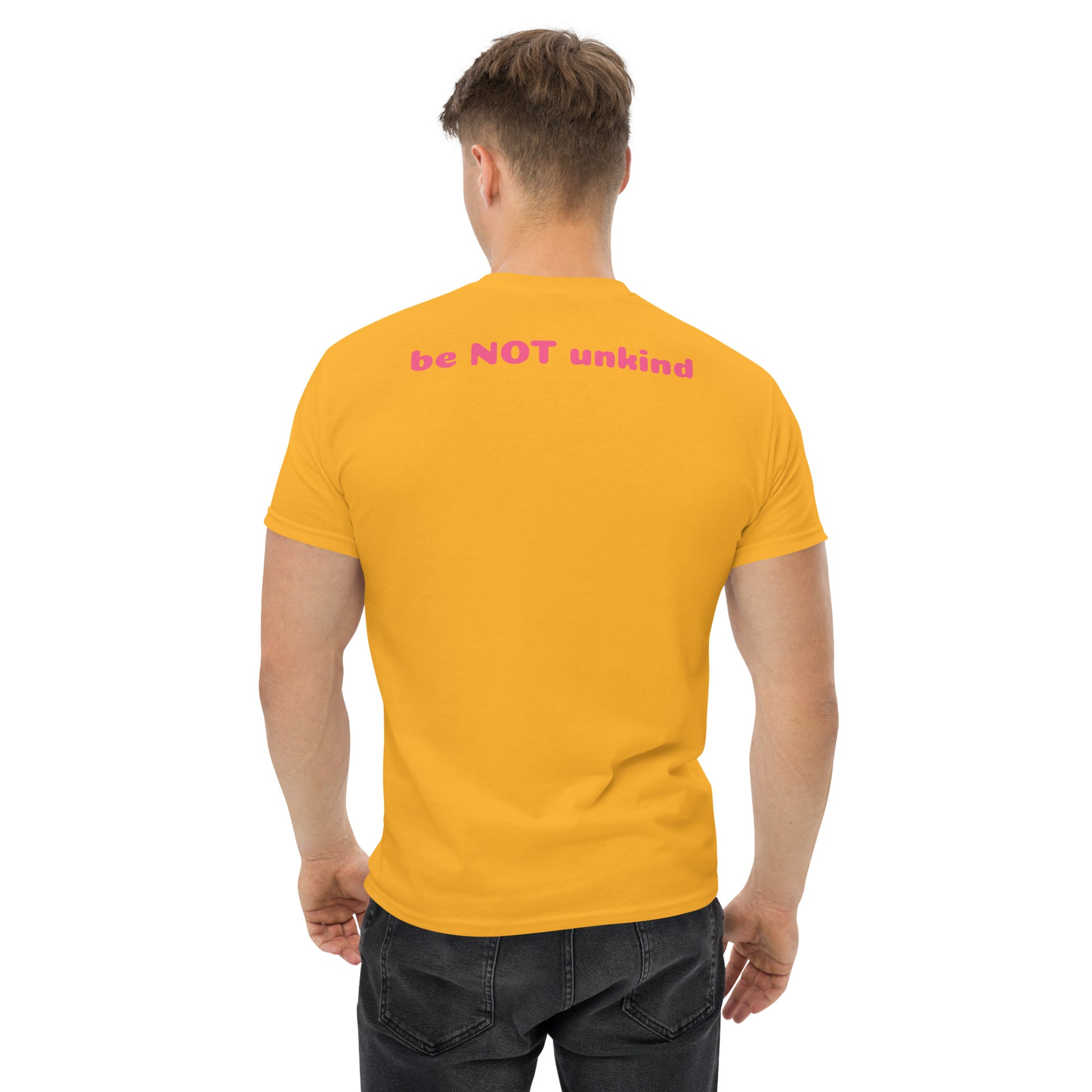 Man wearing a yellow gold t-shirt on a white background