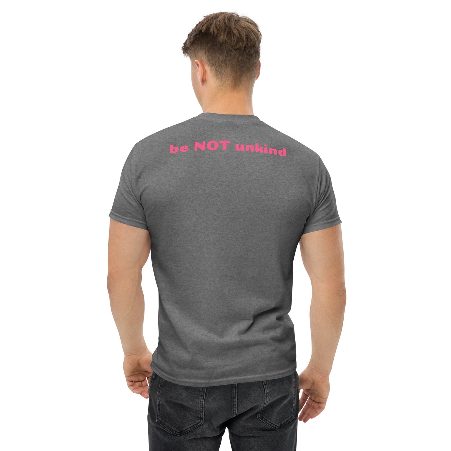 Man wearing a gray t-shirt on a white background