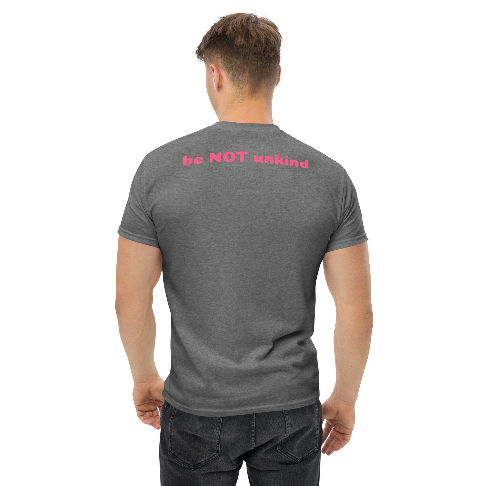 Man wearing a gray t-shirt on a white background
