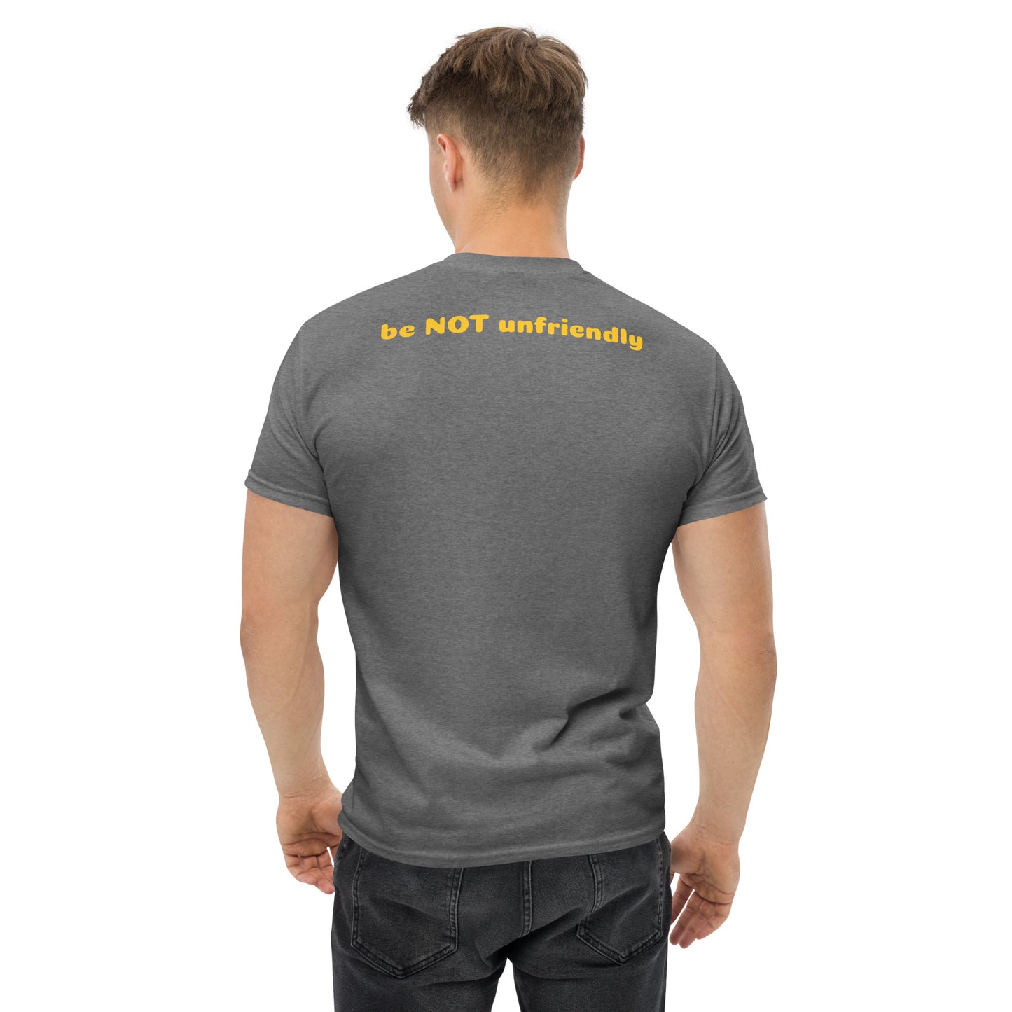 Man wearing a gray t-shirt on a white background