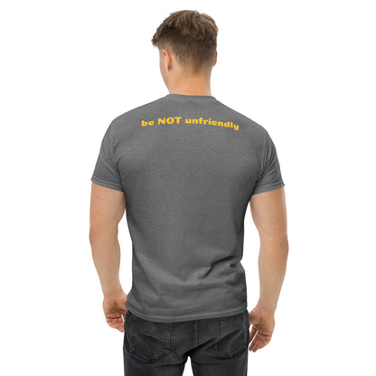 Man wearing a gray t-shirt on a white background