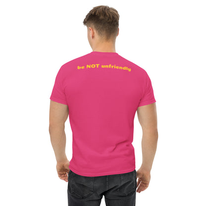 Man wearing a bright pink t-shirt on a white background
