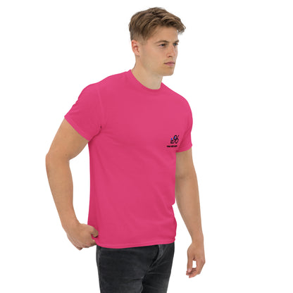 Man wearing a bright pink t-shirt with a small logo on a white background