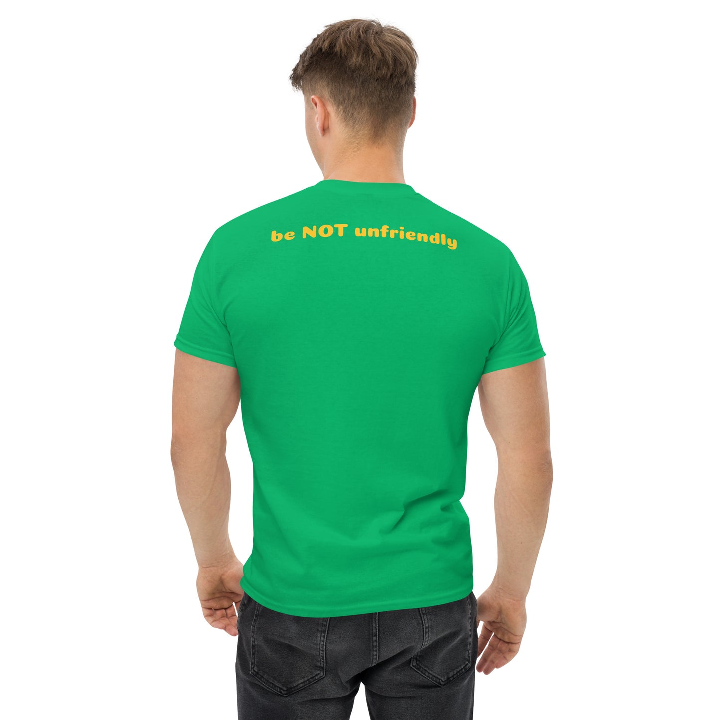Person wearing a green t-shirt with text on the back, standing against a white background