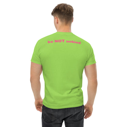 Person wearing a bright green t-shirt with 'be NOT unkind' text on the back, standing against a white background.