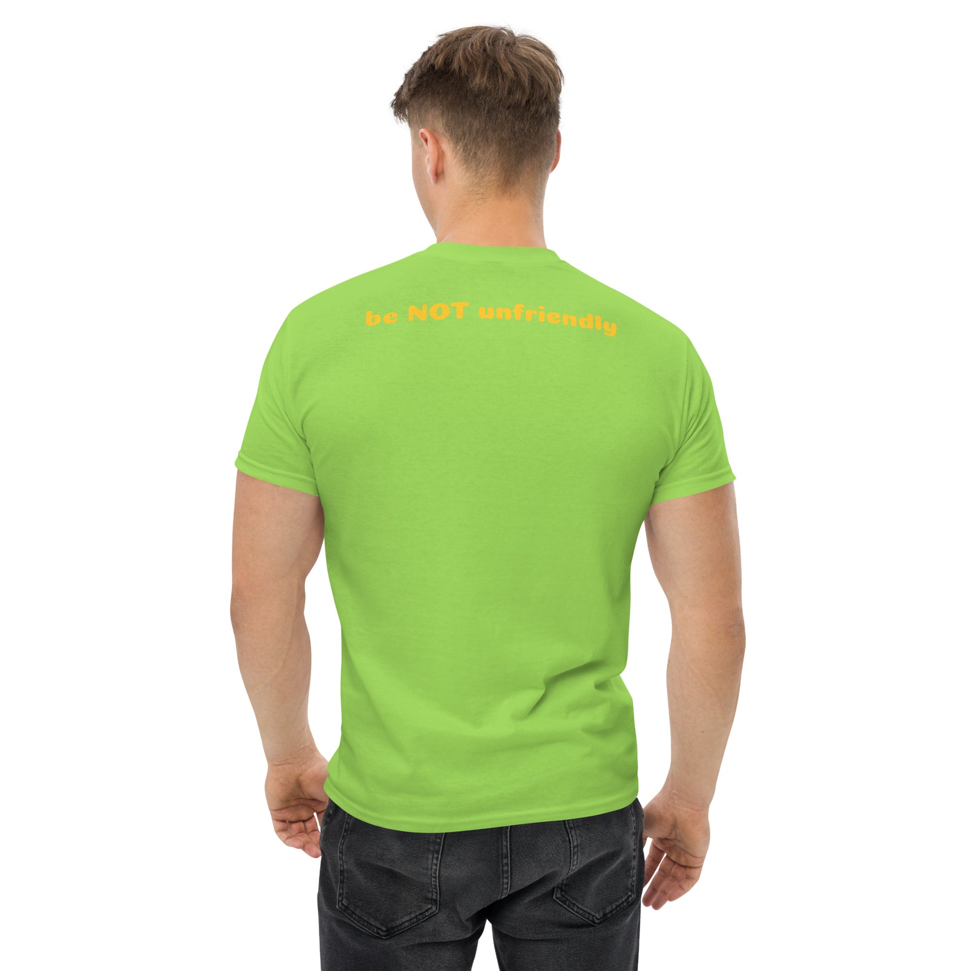 Man wearing a lime green t-shirt on a white background