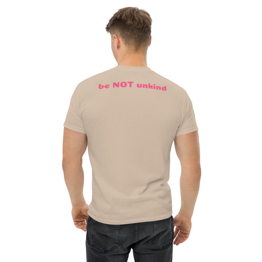 Man wearing a sand gray t-shirt with a logo on the back against a white background