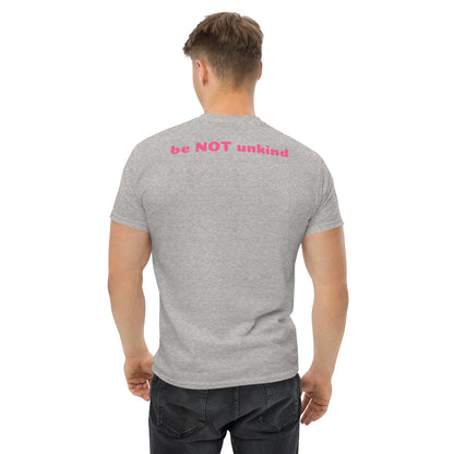 Person wearing a gray t-shirt with 'be NOT unkind' text on the back, standing against a white background.