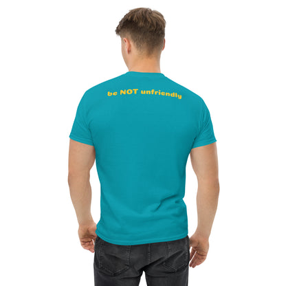 Man wearing a turquoise t-shirt with 'be NOT unfriendly' text on the back, on a white background