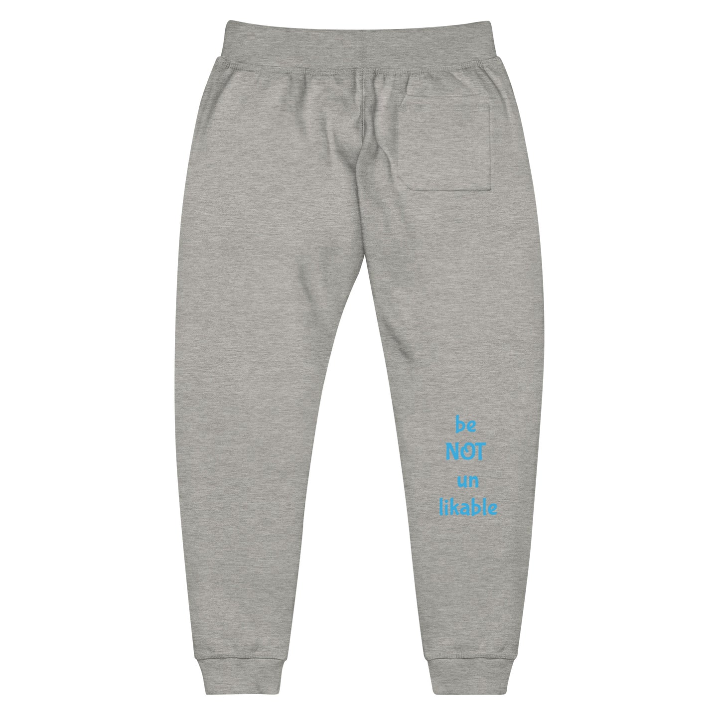 Gray sweatpants with blue text on a white background