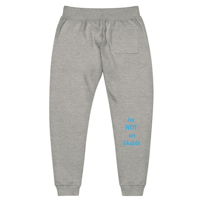 Gray sweatpants with blue text on a white background