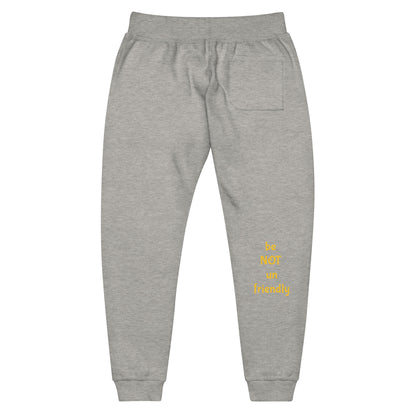 Gray sweatpants with yellow text on a white background